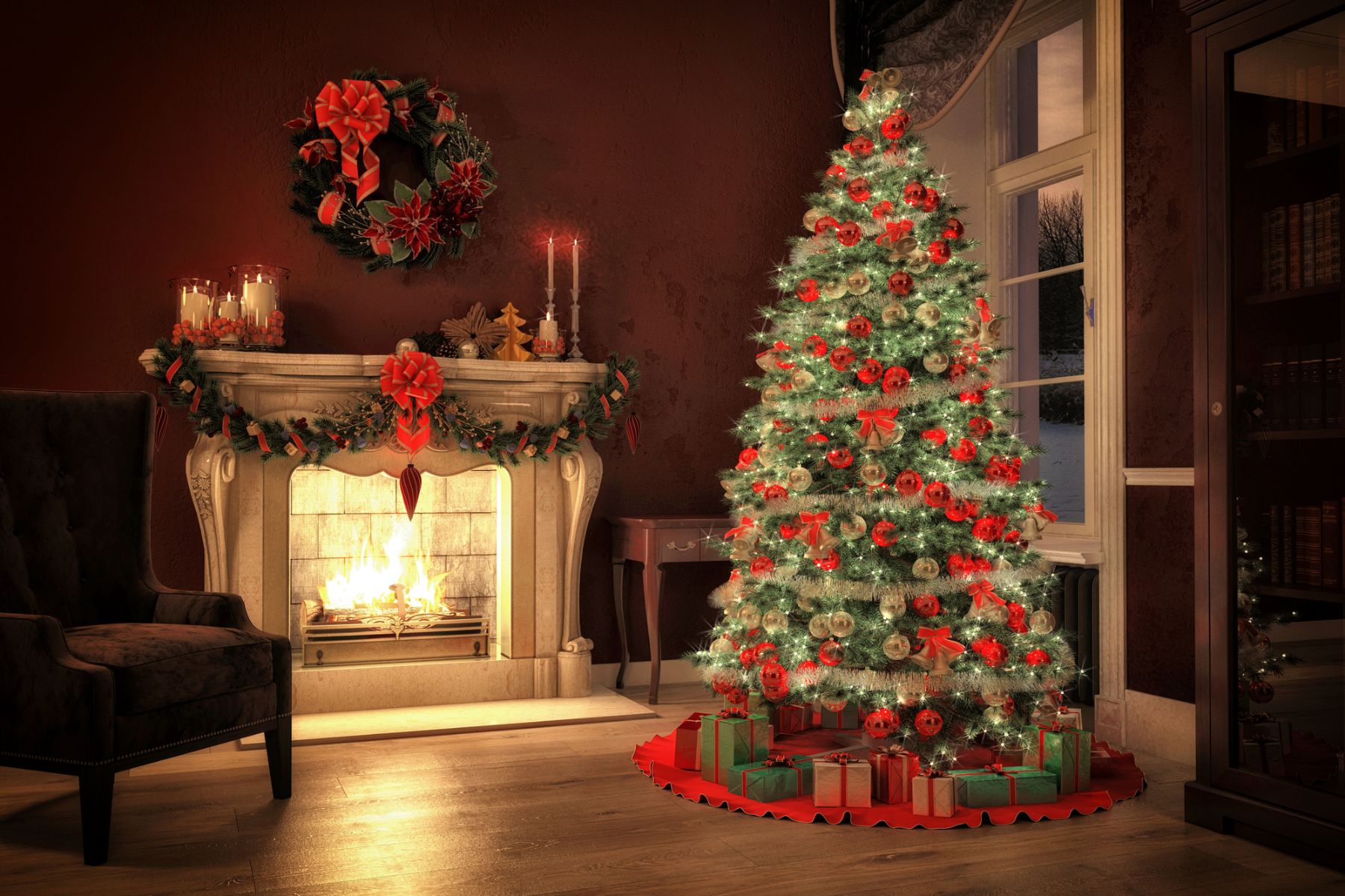 Christmas tree near a fireplace with a wreath